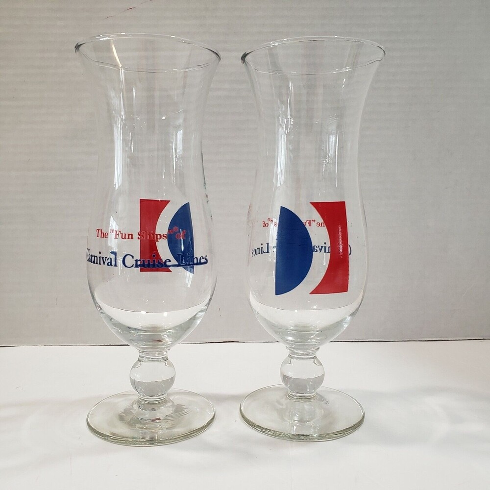 Carnival Cruise Lines Hurricane Glasses 8" Tall Set of 2 Collectible Logo Clear